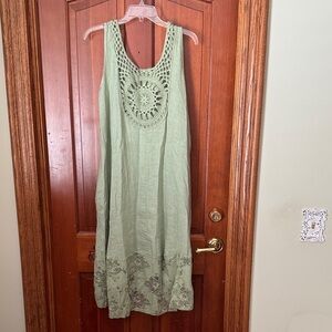 Linen Green Sleeveless Crochet Maxi Dress